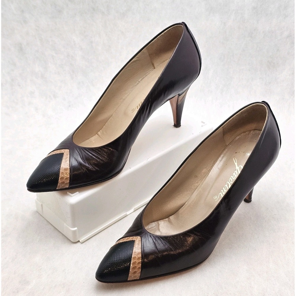VTG GAROLINI US 7.5M Black & Snakeskin On Brown Leather Classic Pump Shoes ITALY